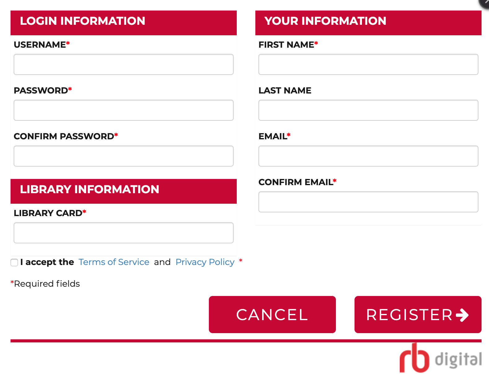 the log-in page to RB Digital, which asks for a username, password, email and library card number.